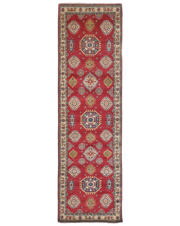 10 Ft Red Kuba Afghan Hand Knotted Wool Runner Rug